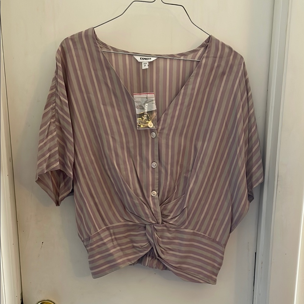 Express Cream and Purple Relaxed Tie Front Blouse